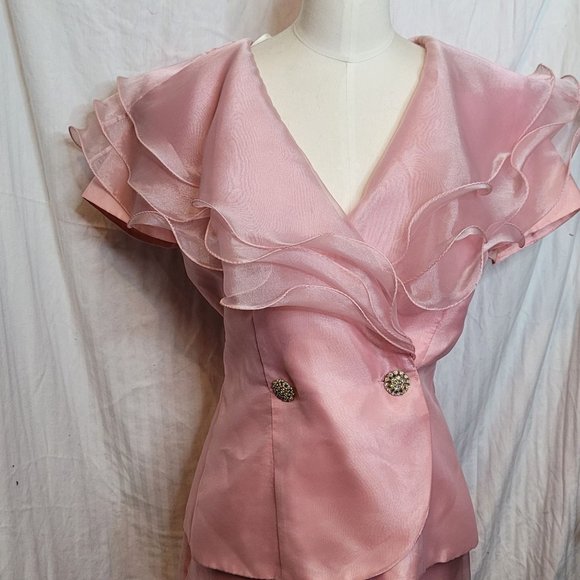 Formal Skirt Top Set 2 Pieces Pink Ruffle Polyester Acetate Bling Vintage 80s Al - Picture 3 of 12